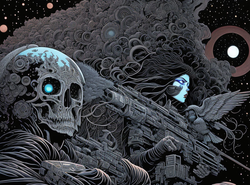 Surreal illustration of skull, woman's face, bird, and cosmic scenery