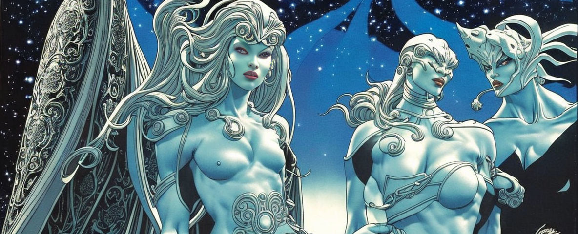 Fantasy art: Two metallic-skinned female figures under starry sky