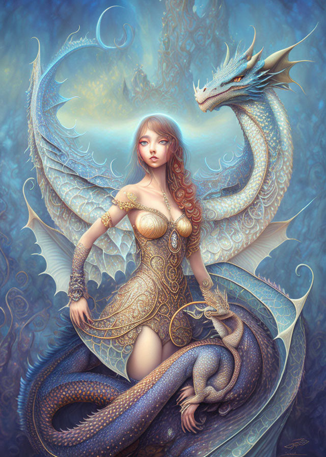 Ethereal artwork: Woman with long hair and majestic blue dragon intertwined