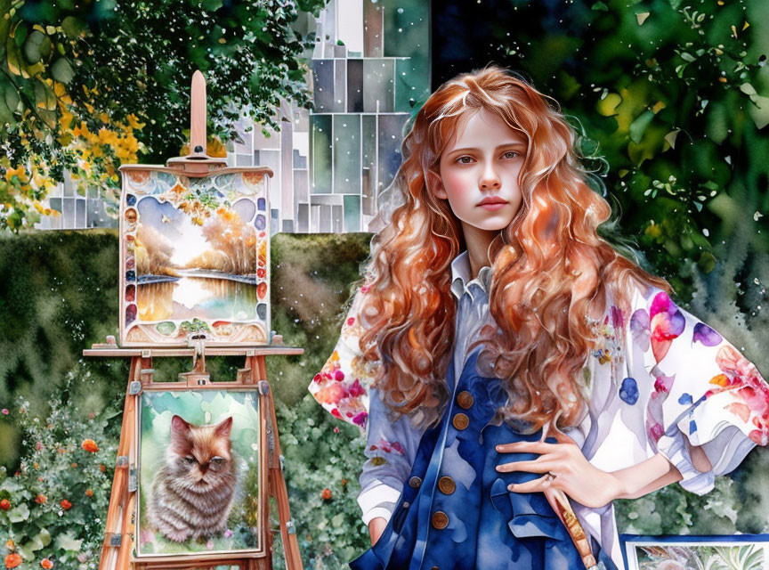 Illustrated young woman with red hair painting outdoors.