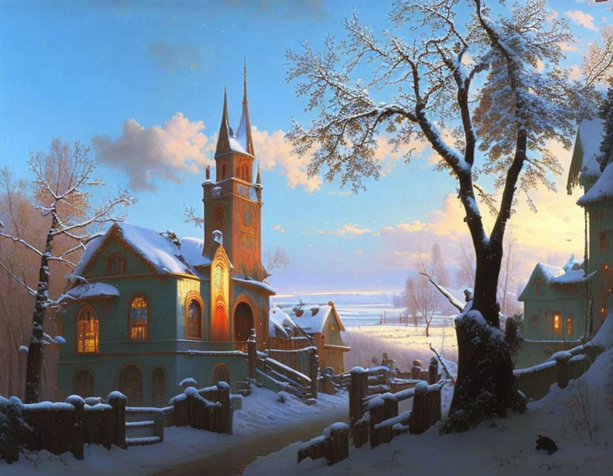 Snow-covered winter village with church, bare trees, and sunrise glow