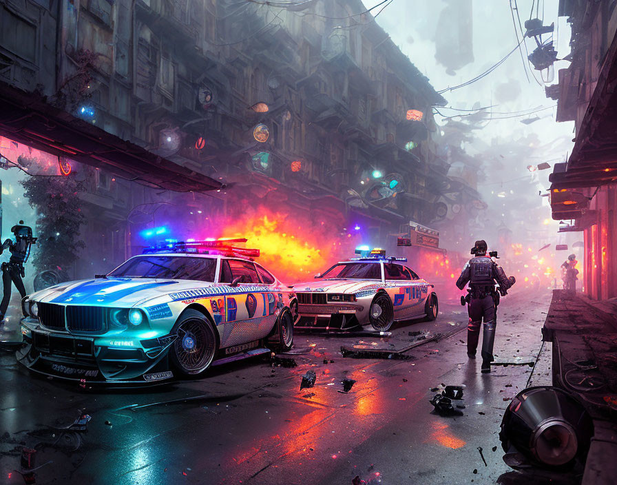 Futuristic urban scene with police cars and chaos under neon signs