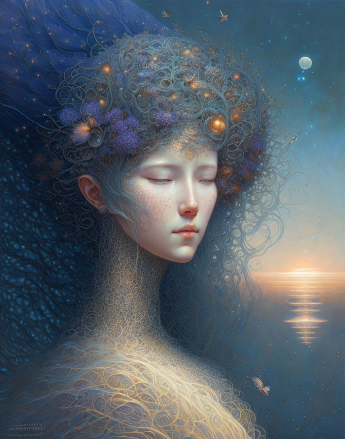 Ethereal woman with ornate hair in twilight seascape