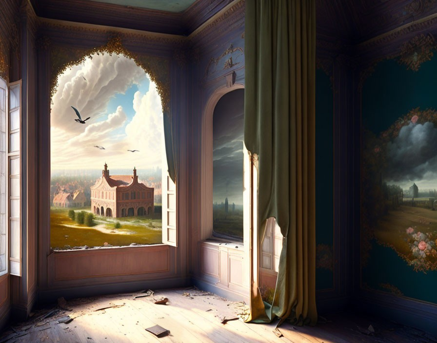 Room with open window overlooking classical landscape painting and real sky blending seamlessly.