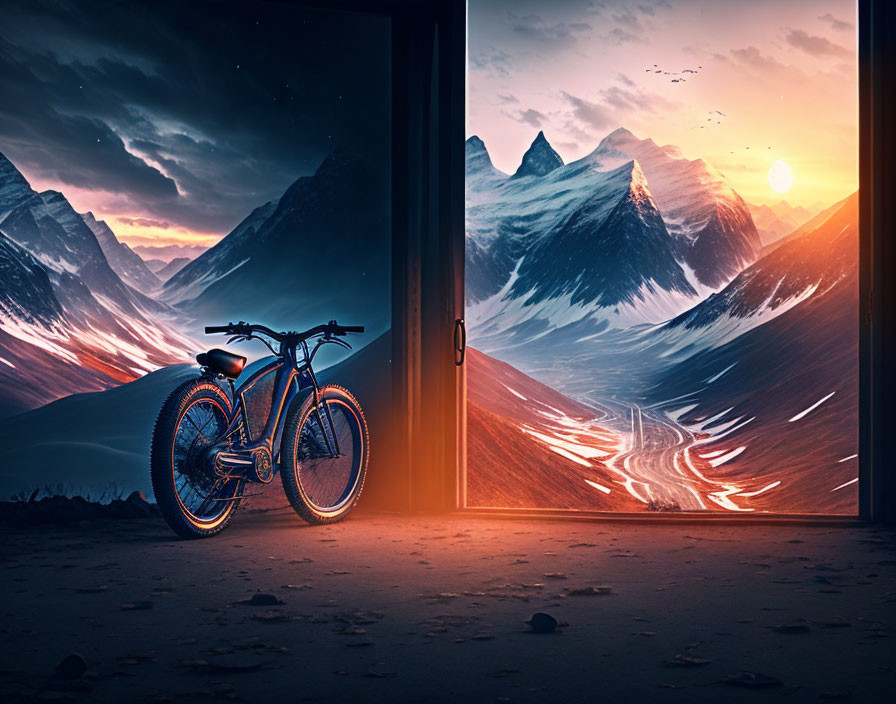 Bicycle in front of surreal landscape with flowing mountains