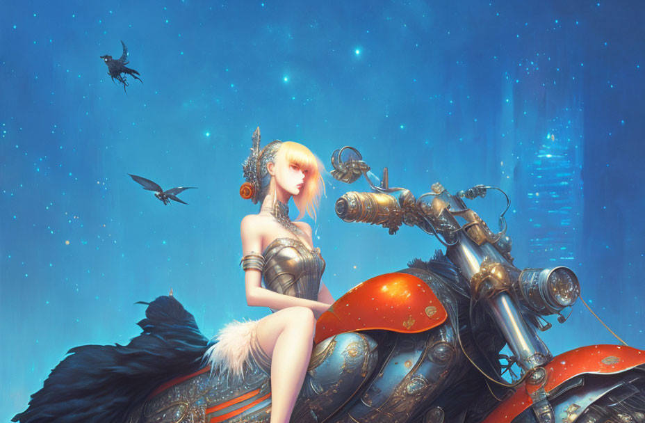 Female character on futuristic motorcycle in fantasy scene with flying creatures under blue sky