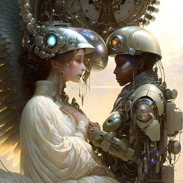 Ornate robotic figures with human-like features and angelic wings in emotional pose on steampunk