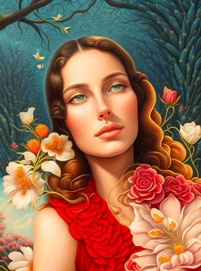 Portrait of Woman with Wavy Hair Surrounded by Vibrant Flowers