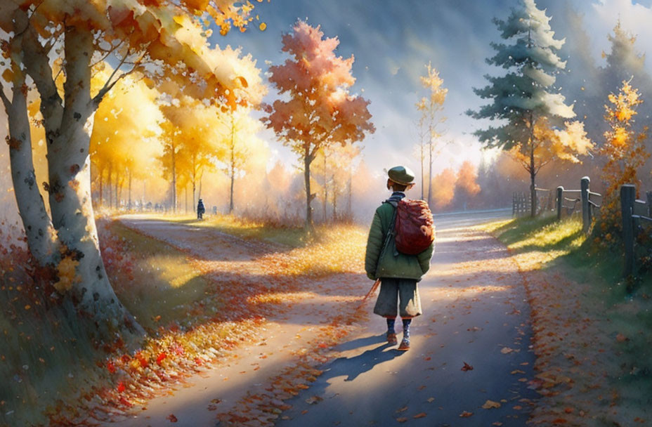 Person walking on autumn path with colorful trees and fallen leaves