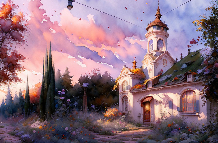 Detailed Illustration: Quaint House with Ornate Details in Sunset Setting