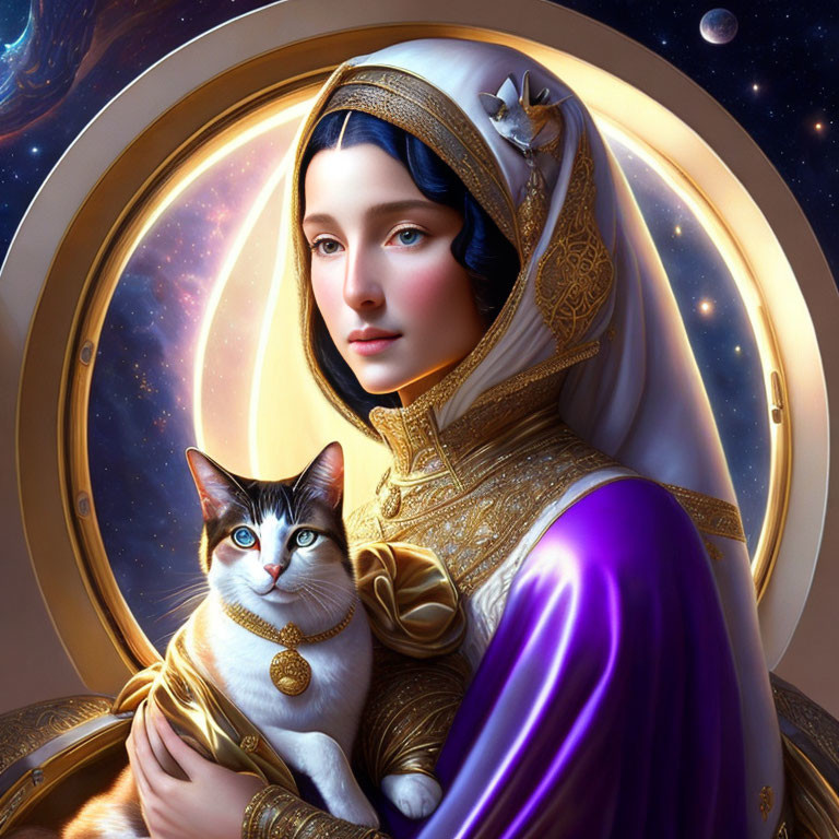 Celestial-themed portrait of woman with cat and owl in cosmic setting