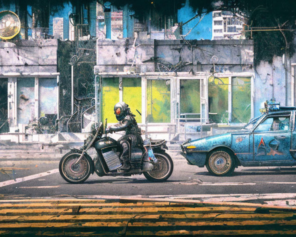 Motorcyclist passing graffiti-covered building and rusty car in post-apocalyptic scene