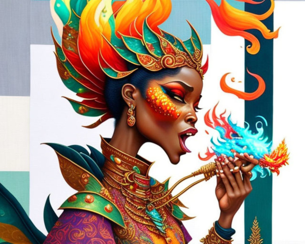 Colorful illustration of a woman with fiery multicolored hair, golden headgear, ornate armor