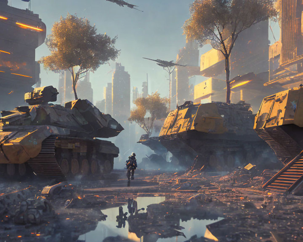 Desolate cityscape with tanks and lone soldier in a futuristic warzone