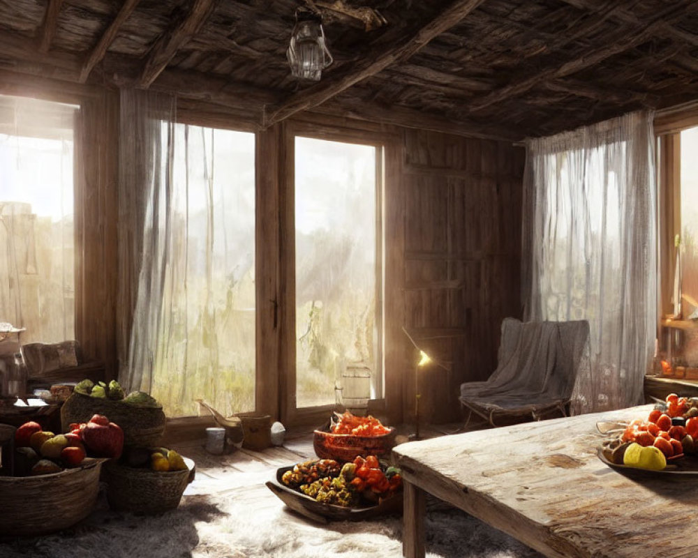 Rustic Wooden Cabin Interior with Sunlit Decor