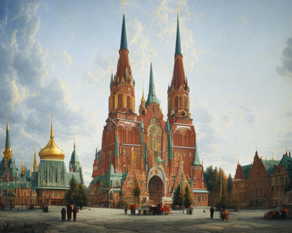 Detailed painting of St. Basil's Cathedral in Moscow with colorful onion domes and ornate towers under