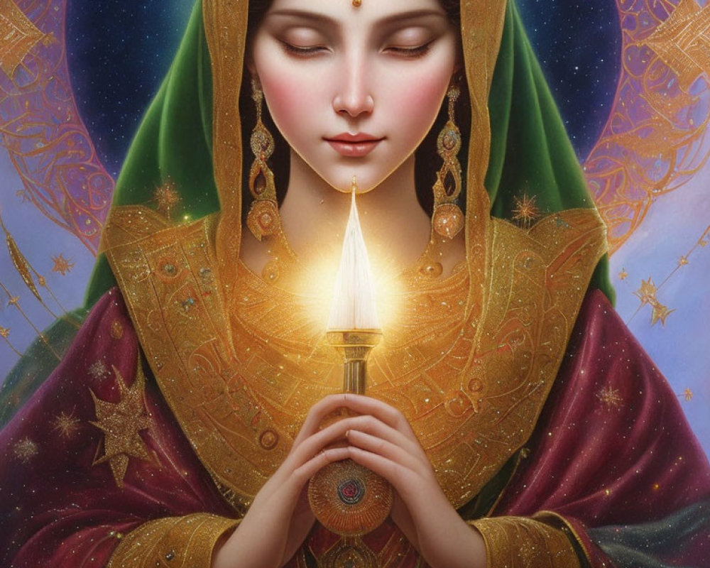 Digital illustration of serene woman in ornate gold clothing holding glowing sword.