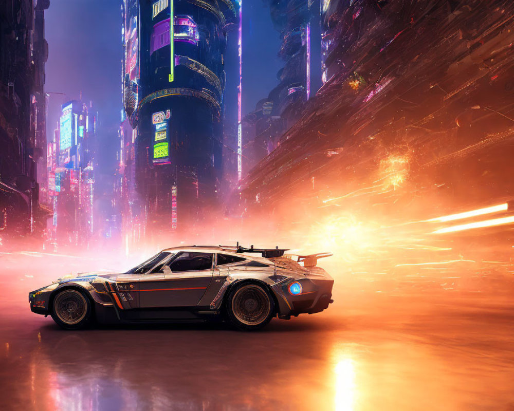 Futuristic car in neon-lit cyberpunk cityscape with pink and purple hues