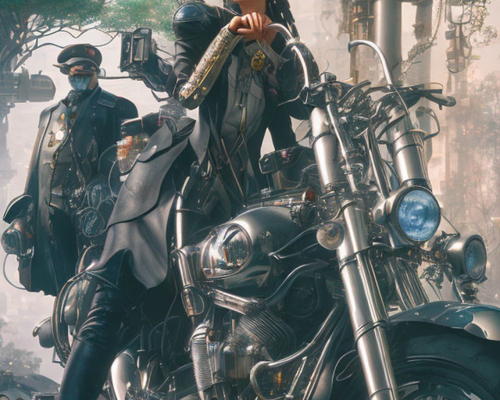 Futuristic woman with prosthetic arm and man on motorcycle in sci-fi cityscape