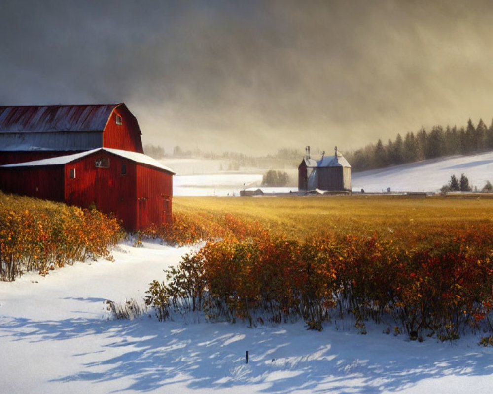 Winter landscape with red barn, snowy field, and moody sky.