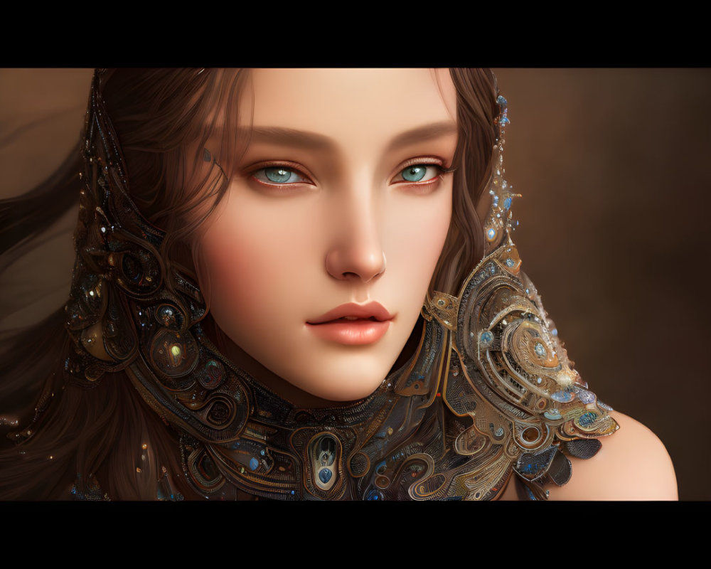 Digital Portrait of Woman with Striking Green Eyes and Intricate Jewelry