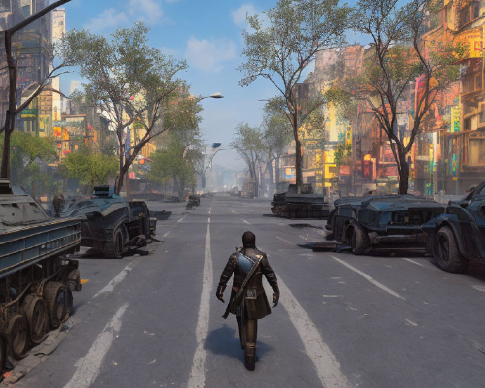 Person in coat walks down abandoned city street with vehicles and derelict buildings under hazy sky