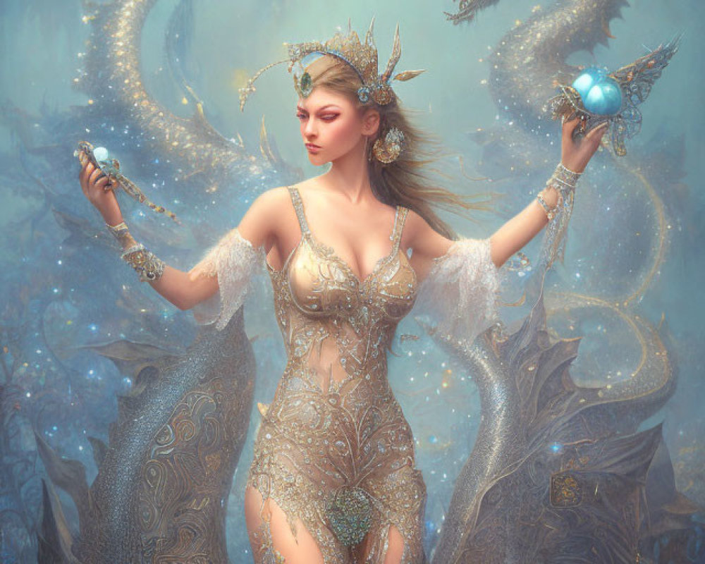 Ethereal woman with dragons in ornate attire on misty blue backdrop