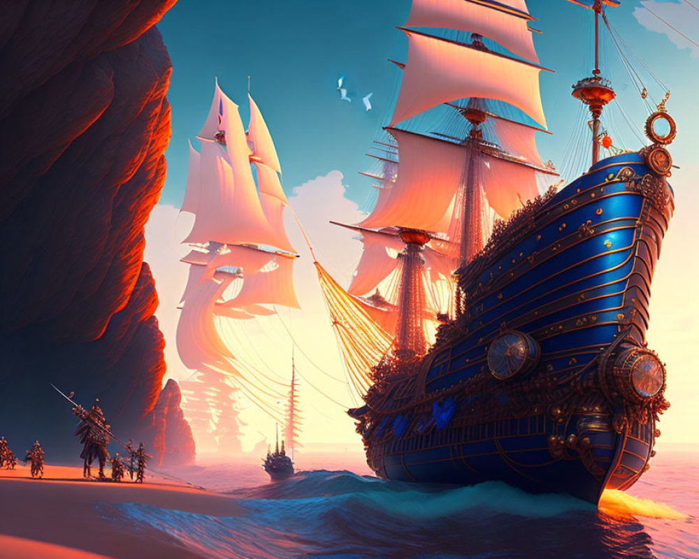 Majestic blue sailing ship with golden details near rocky coast