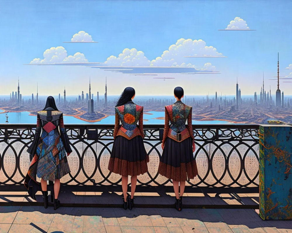 Three individuals in patterned outfits on balcony overlooking futuristic cityscape