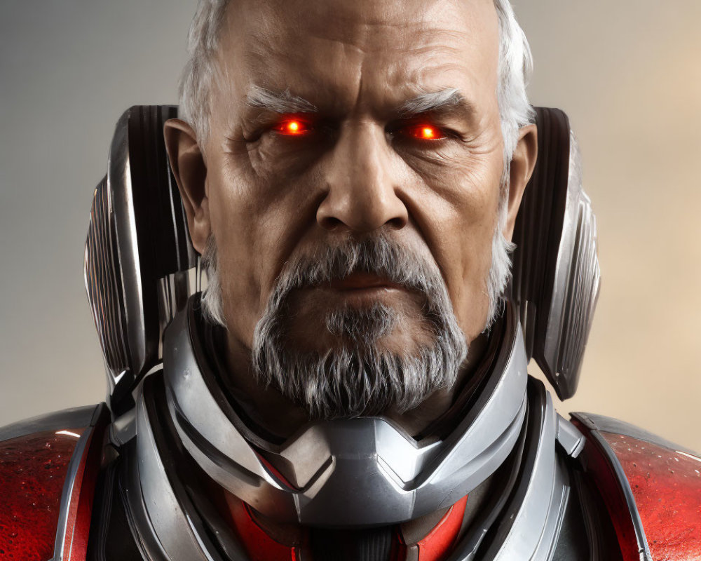 Futuristic armored suit with glowing red eyes on older male character