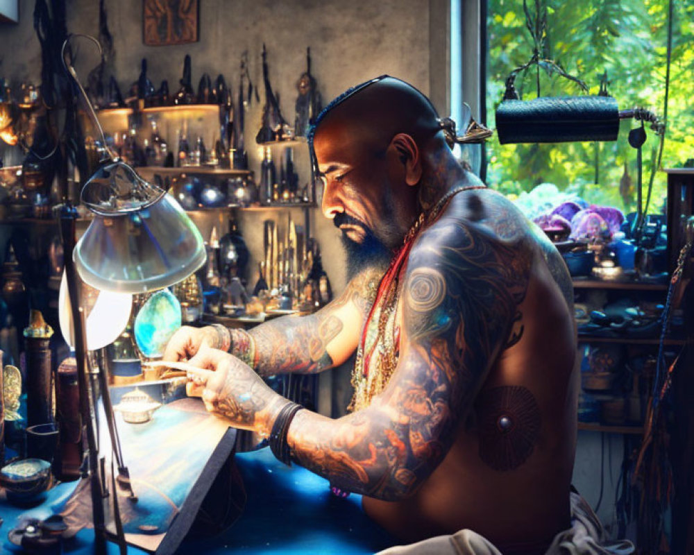 Tattooed man inspecting gem in colorful room