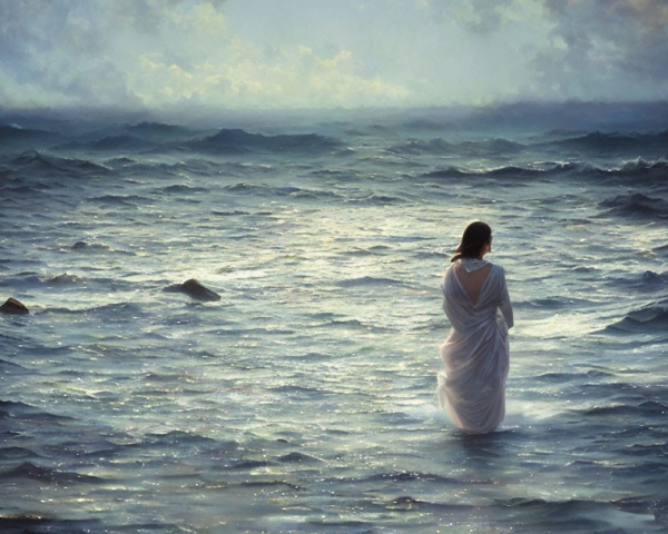 Person in white dress sits in ocean under stormy sky