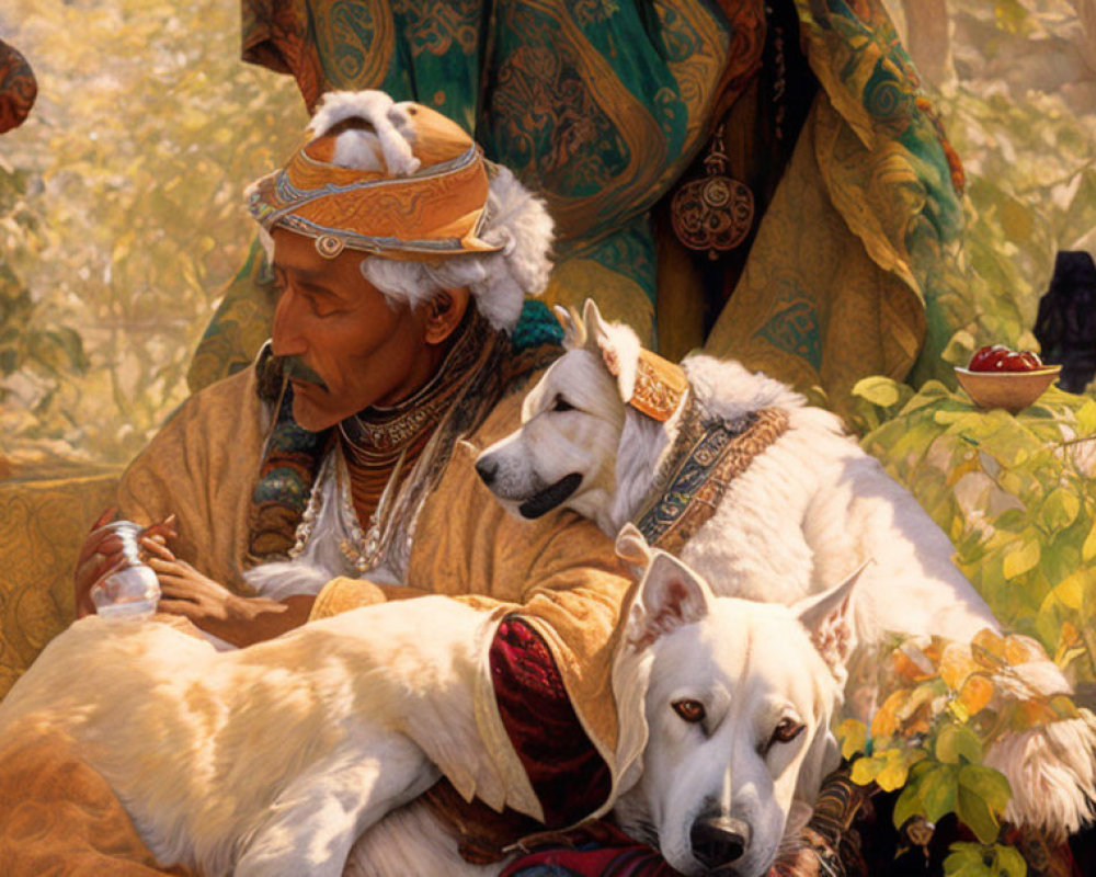 Elder in Traditional Attire with White Dogs and Luxurious Setting