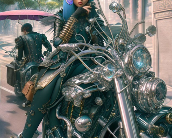 Blue-haired woman with umbrella on futuristic motorcycle in urban setting