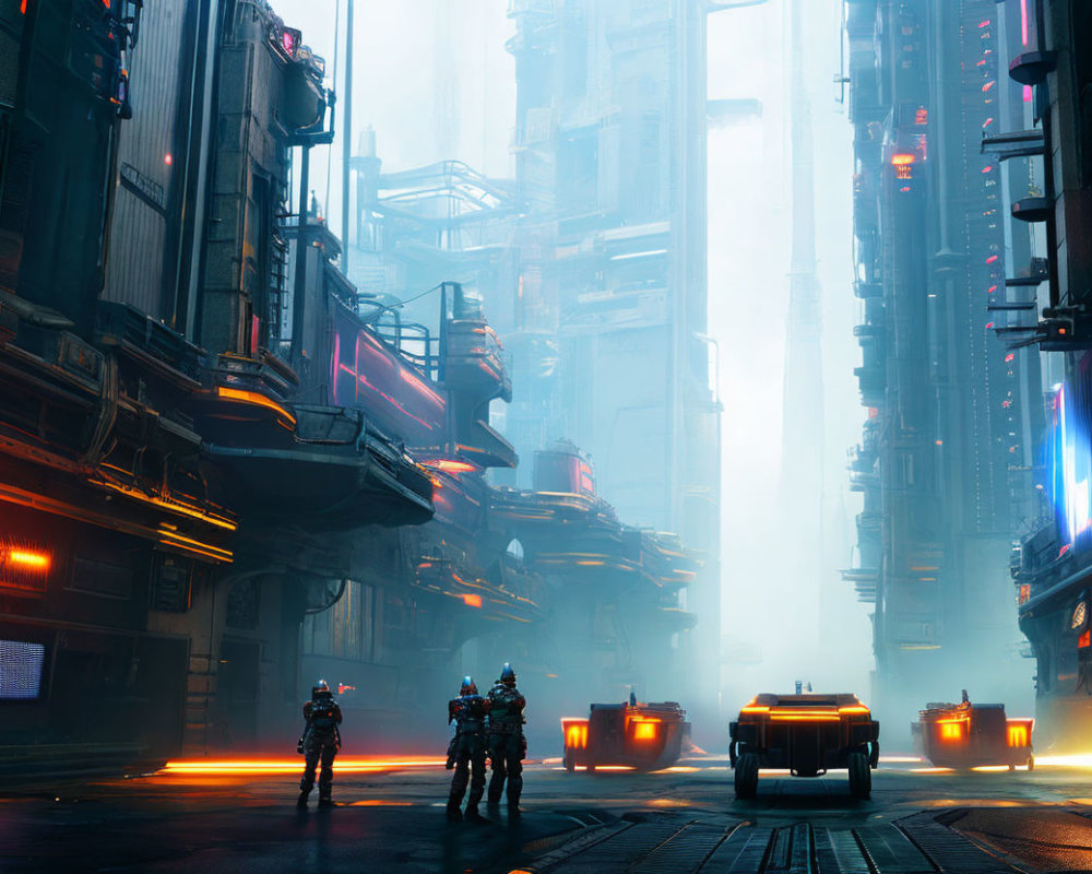 Futuristic cyberpunk cityscape with towering buildings and figures in armor