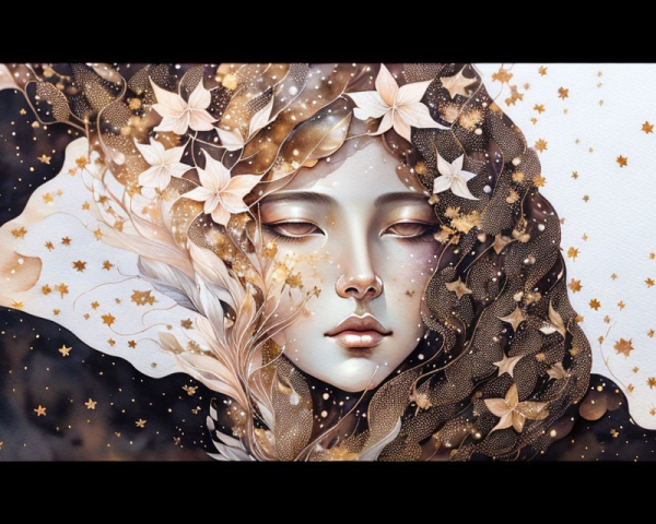 Serene woman adorned with flowers, leaves, and stars in ethereal setting