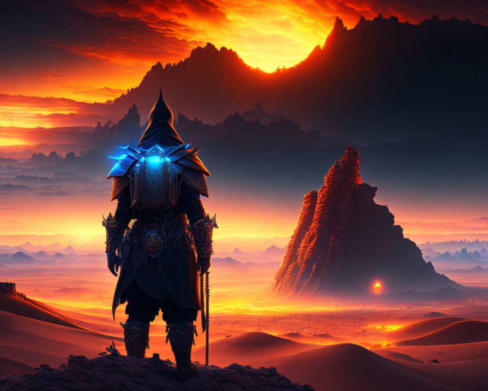 Warrior in Blue and Black Armor at Sunset Over Desert Landscape