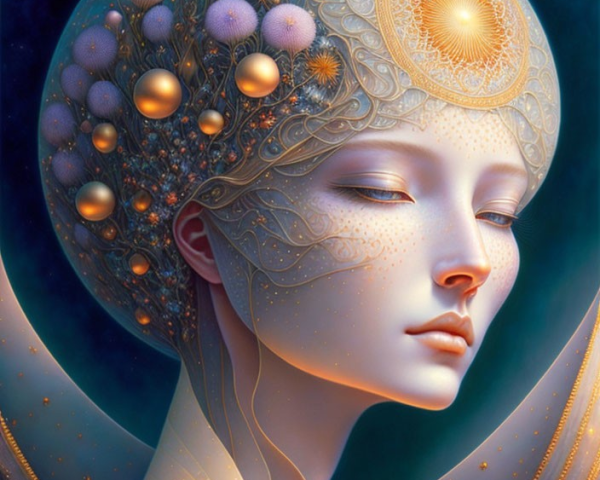 Celestial-themed serene figure with glowing orbs and radiant sun against starry backdrop