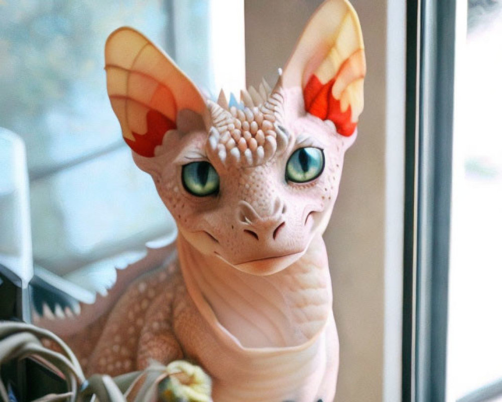 Intricate dragon figurine with large ears and green eyes resting by a window