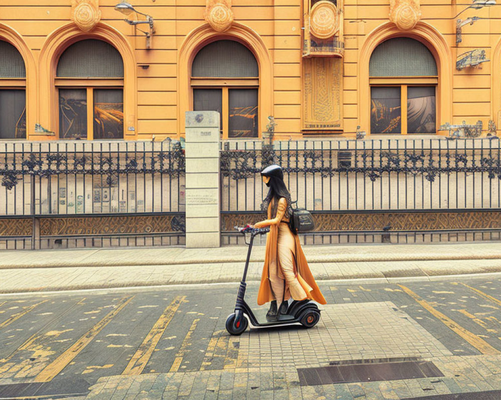 Person in Yellow Dress Riding Electric Scooter in Cityscape