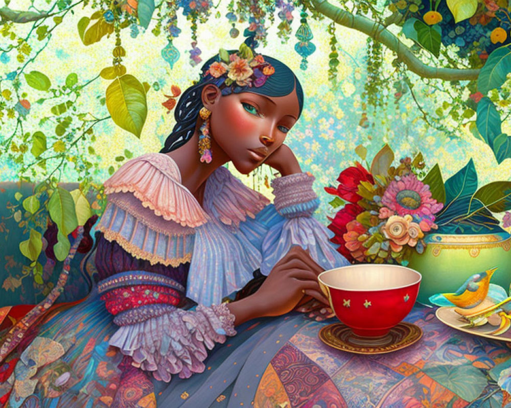 Illustration of blue-skinned girl at table with teacup, surrounded by fruits and flowers