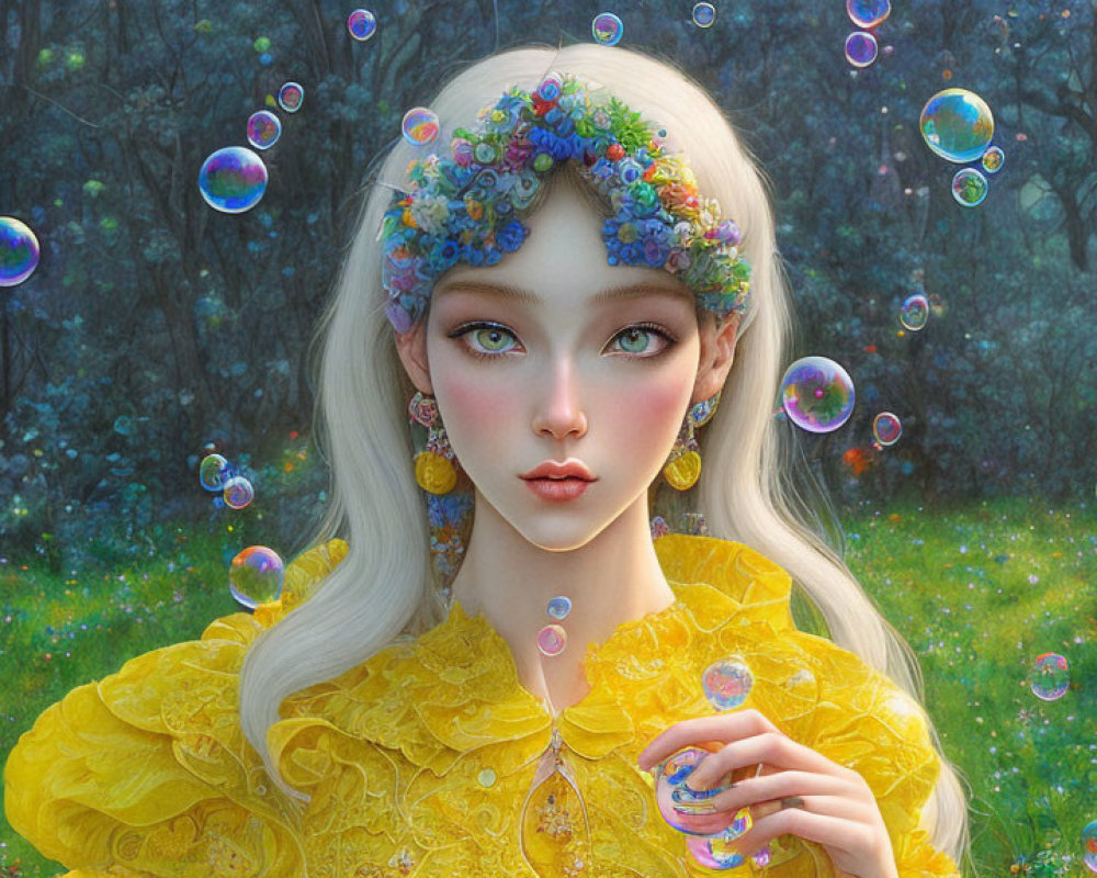 Digital artwork: Woman in floral crown, yellow dress, surrounded by iridescent bubbles in green me