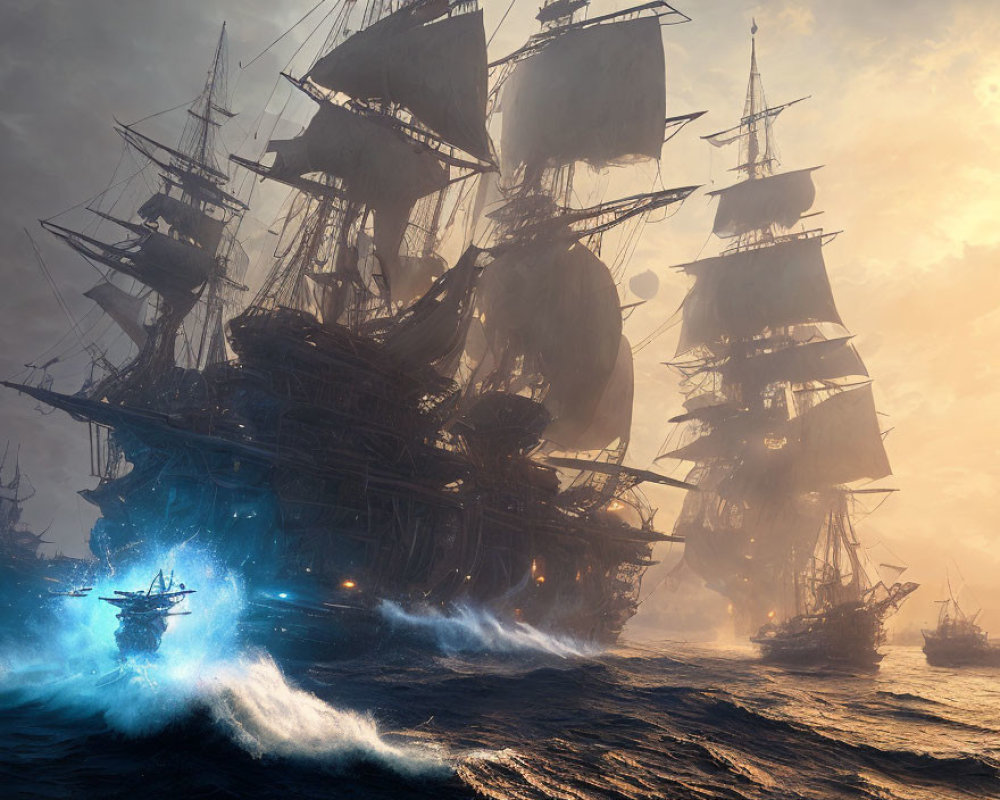 Tall ships in rough seas with glowing blue lights in mystical foggy dusk