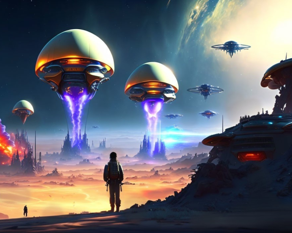 Person overlooking futuristic landscape with floating cities and spacecraft at twilight