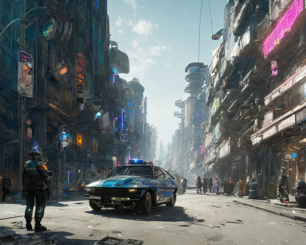 Futuristic cyberpunk city street with neon signs, police vehicle, pedestrians