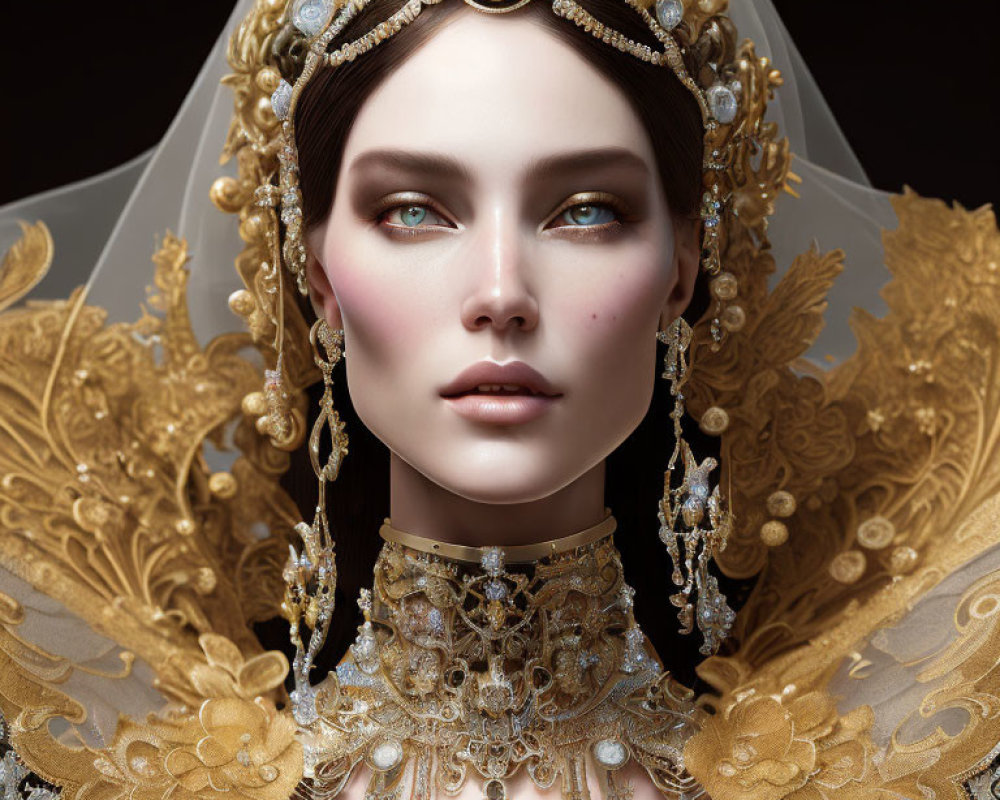 Detailed digital portrait of woman in ornate gold and pearl headgear and collar on dark background