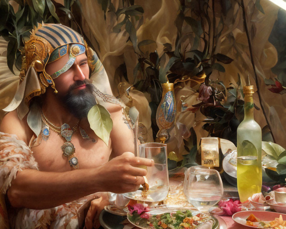 Opulent ancient ruler at lavish banquet table with food and drinks