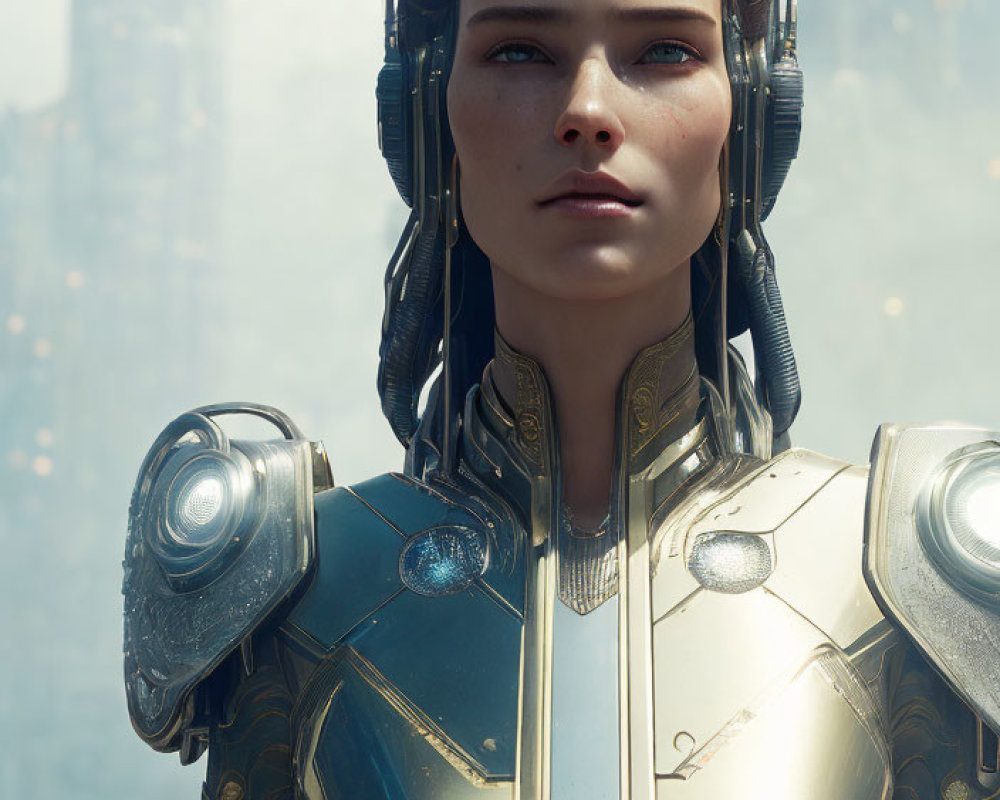 Realistic female android in gold and silver armor with city backdrop