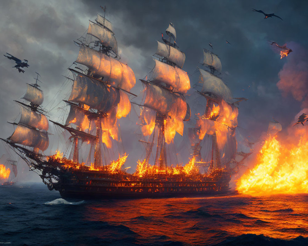 Fiery tall ships battle at sea with blazing sails under dramatic sky