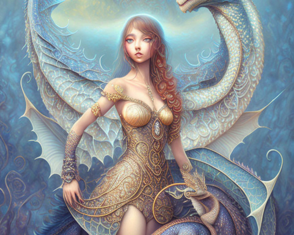 Ethereal artwork: Woman with long hair and majestic blue dragon intertwined